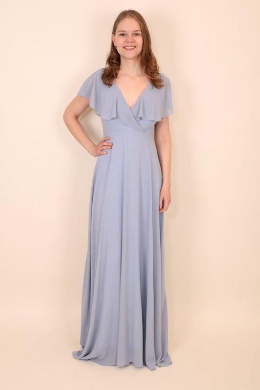 Chiffon - Abendkleid mit V - Ausschnitt & kurzen Ärmeln, hellblau - Dein Kleiderladen