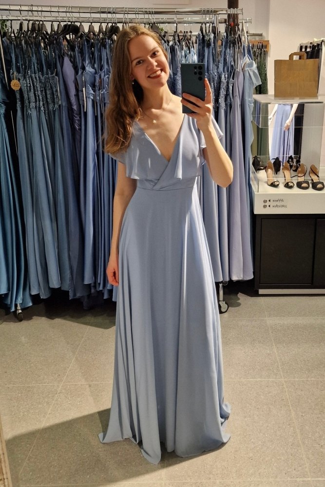 Chiffon - Abendkleid mit V - Ausschnitt & kurzen Ärmeln, hellblau - Dein Kleiderladen