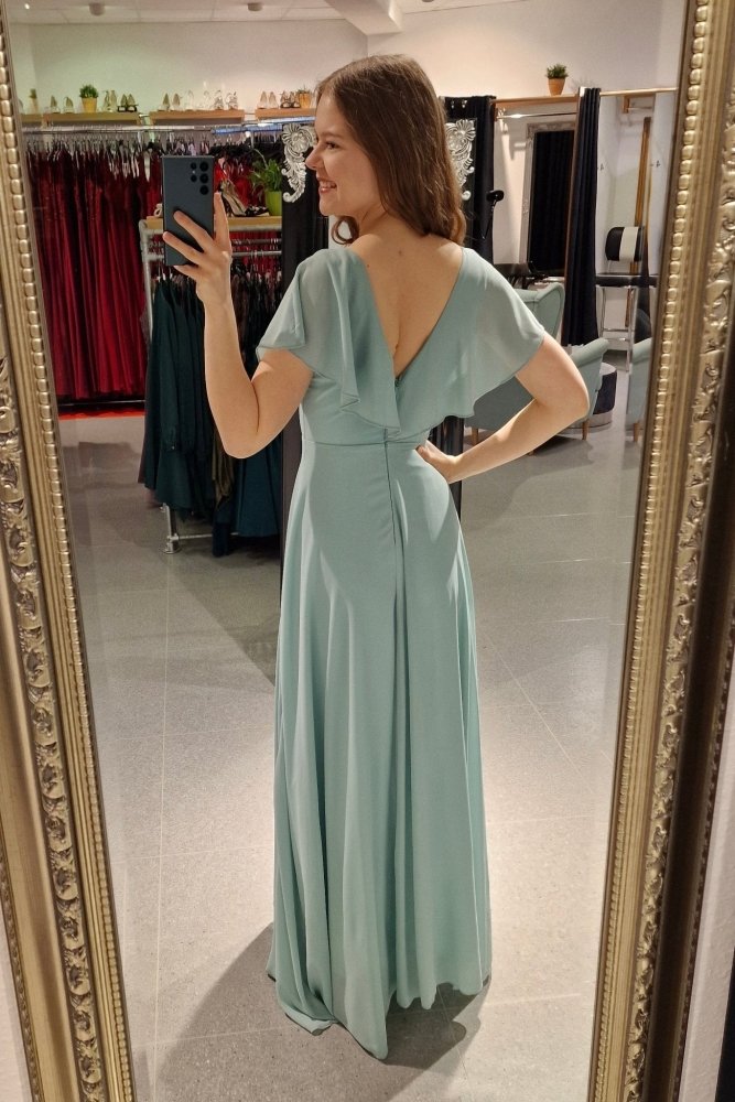 Chiffon - Abendkleid mit V - Ausschnitt & kurzen Ärmeln, mint - Dein Kleiderladen