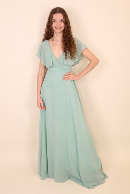 Chiffon - Abendkleid mit V - Ausschnitt & kurzen Ärmeln, mint - Dein Kleiderladen