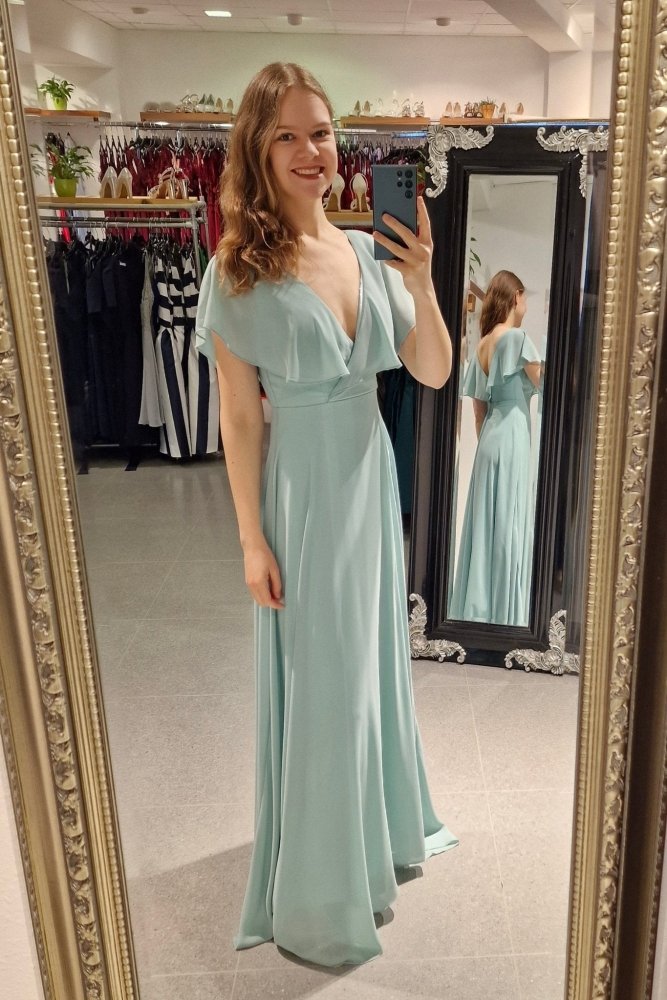 Chiffon - Abendkleid mit V - Ausschnitt & kurzen Ärmeln, mint - Dein Kleiderladen