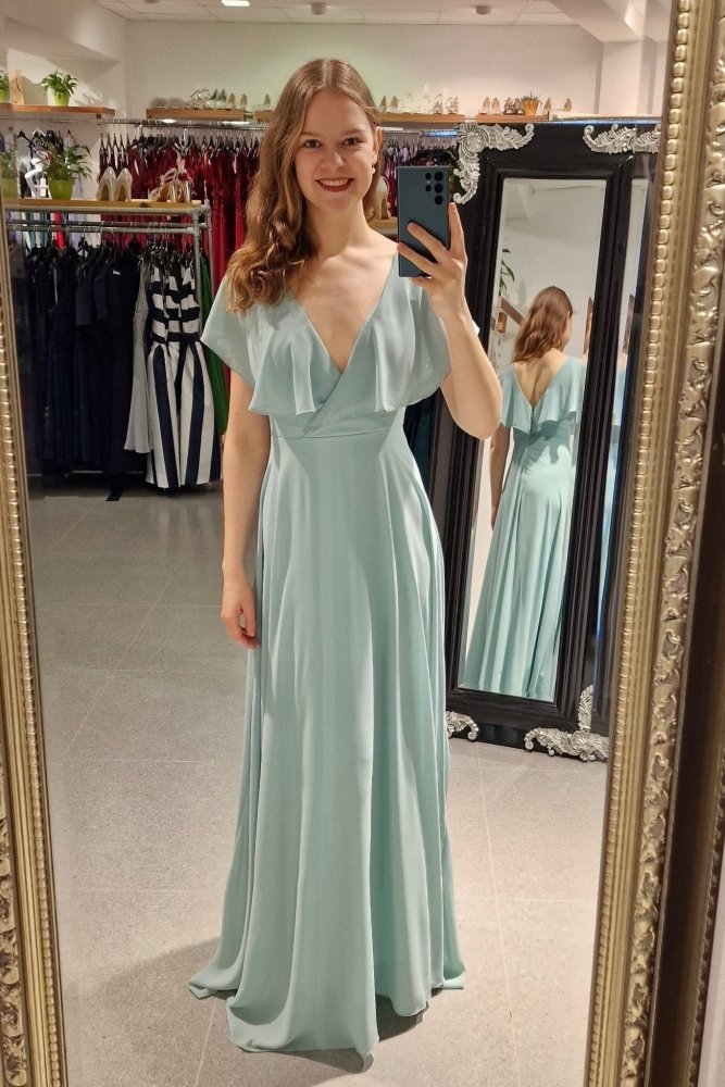 Chiffon - Abendkleid mit V - Ausschnitt & kurzen Ärmeln, mint - Dein Kleiderladen