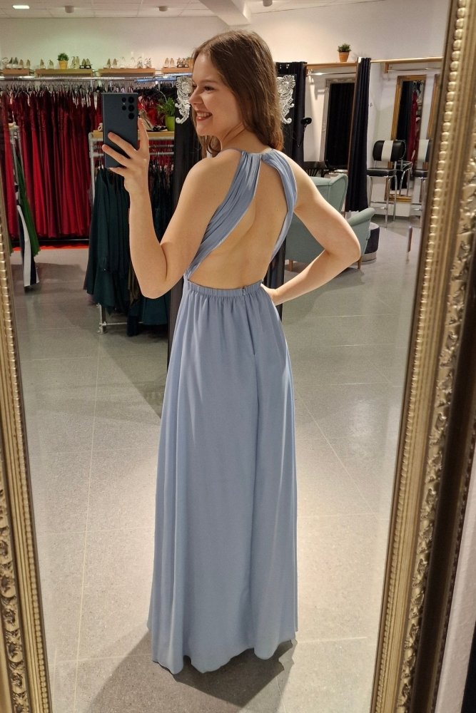 Chiffon - Abendkleid mit V - Ausschnitt & tiefem Rücken, hellblau - Dein Kleiderladen