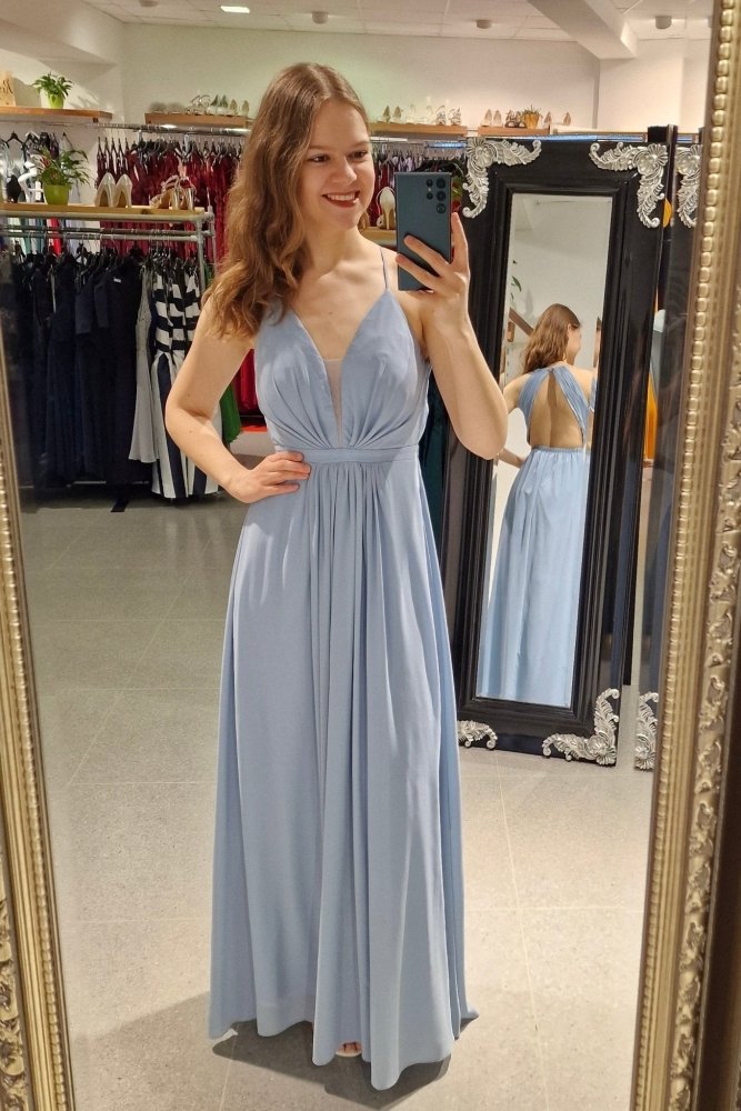 Chiffon - Abendkleid mit V - Ausschnitt & tiefem Rücken, hellblau - Dein Kleiderladen