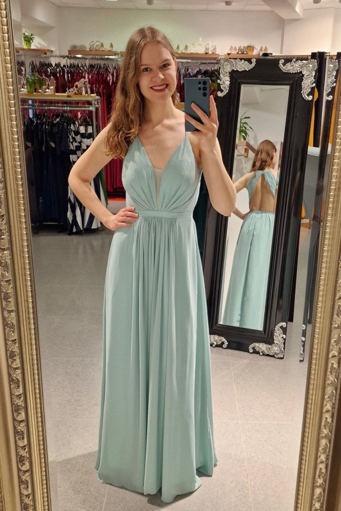 Chiffon - Abendkleid mit V - Ausschnitt & tiefem Rücken, Mint - Dein Kleiderladen
