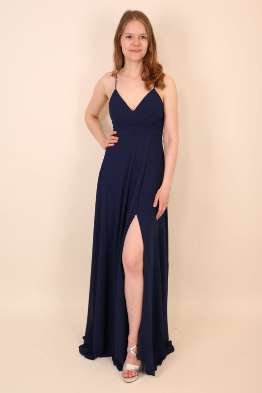Chiffonkleid mit Schnürung, hohem Beinschlitz und Raffungen, dunkelblau - Dein Kleiderladen
