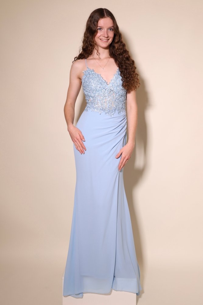 Chiffonkleid mit Spitzenoberteil, Schnürung & Schlitz, hellblau - Dein Kleiderladen