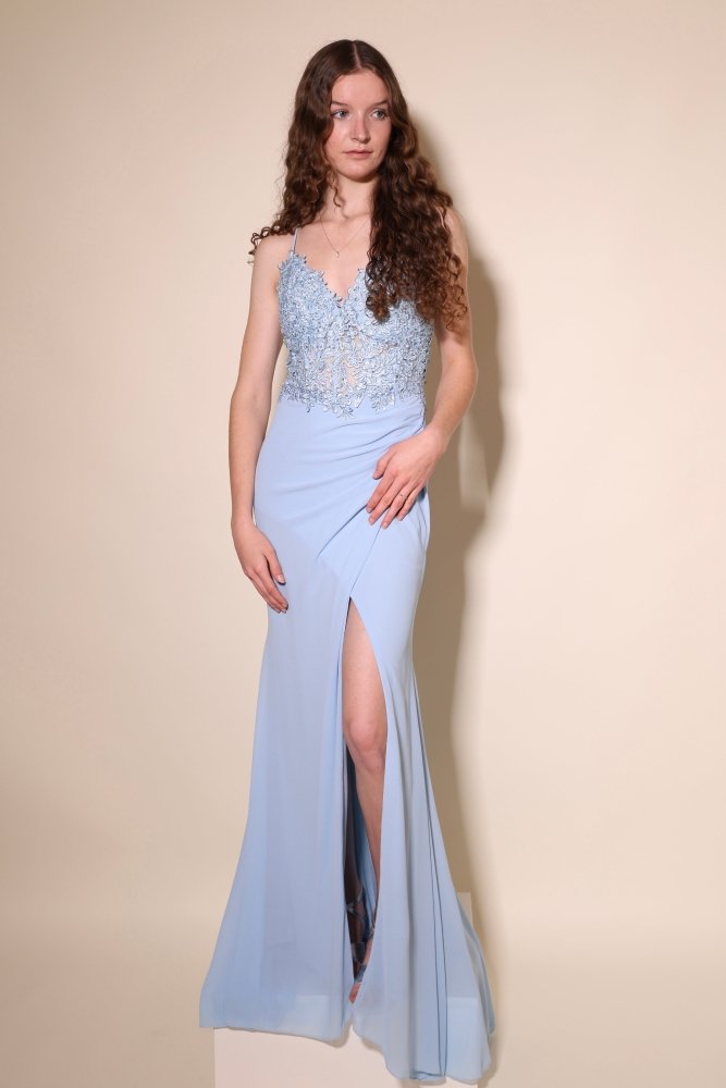 Chiffonkleid mit Spitzenoberteil, Schnürung & Schlitz, hellblau - Dein Kleiderladen