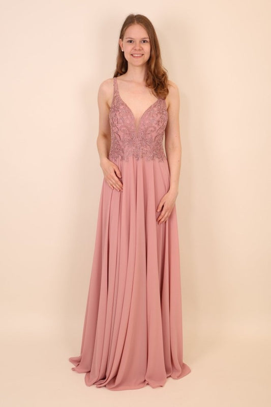 Chiffonkleid mit Ziersteinen, floraler Spitze und weich fallendem Rock, rosa - Dein Kleiderladen