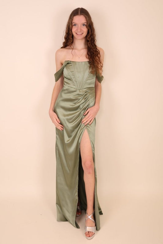 Corsagen - Kleid mit Schlitz aus Satin mit off shoulder Ausschnitt, hellgrün - Dein Kleiderladen