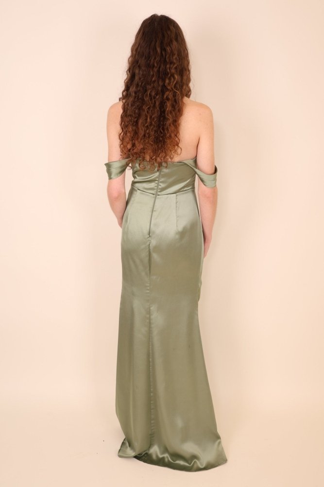 Corsagen - Kleid mit Schlitz aus Satin mit off shoulder Ausschnitt, hellgrün - Dein Kleiderladen