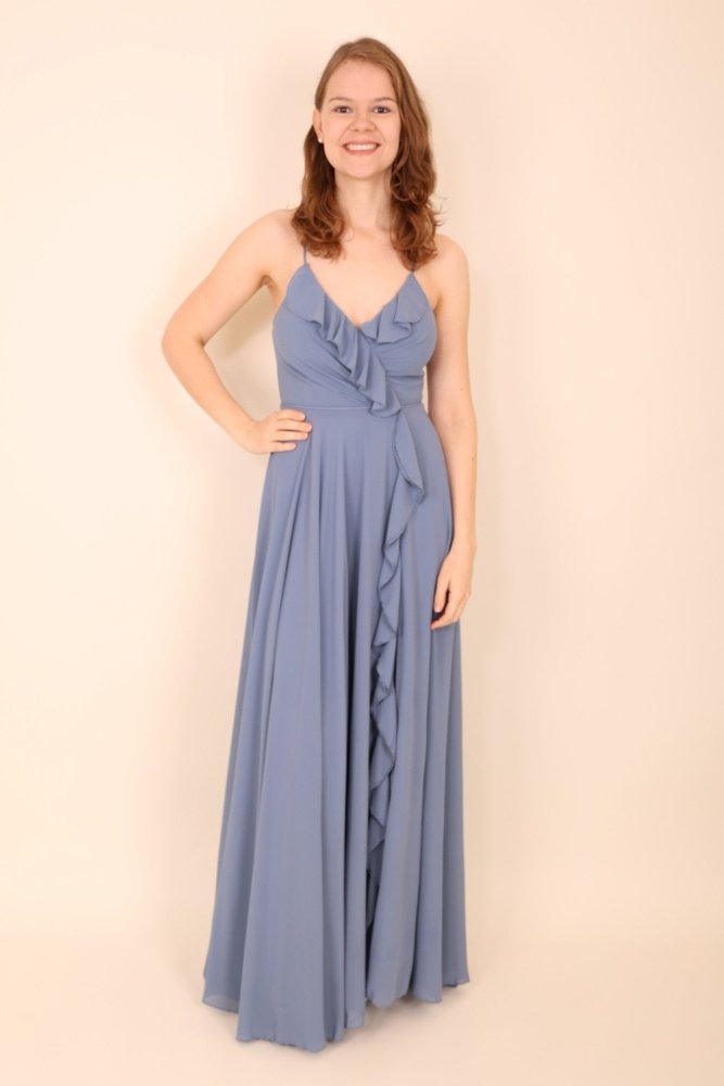 Festliches Volantkleid mit Schnürung und Schlitz, graublau - Dein Kleiderladen