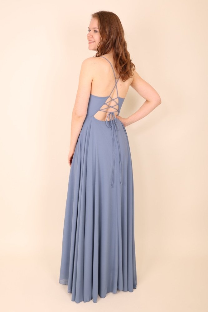 Festliches Volantkleid mit Schnürung und Schlitz, graublau - Dein Kleiderladen