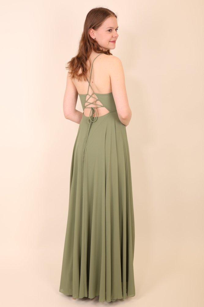 Festliches Volantkleid mit Schnürung und Schlitz, oliv - Dein Kleiderladen
