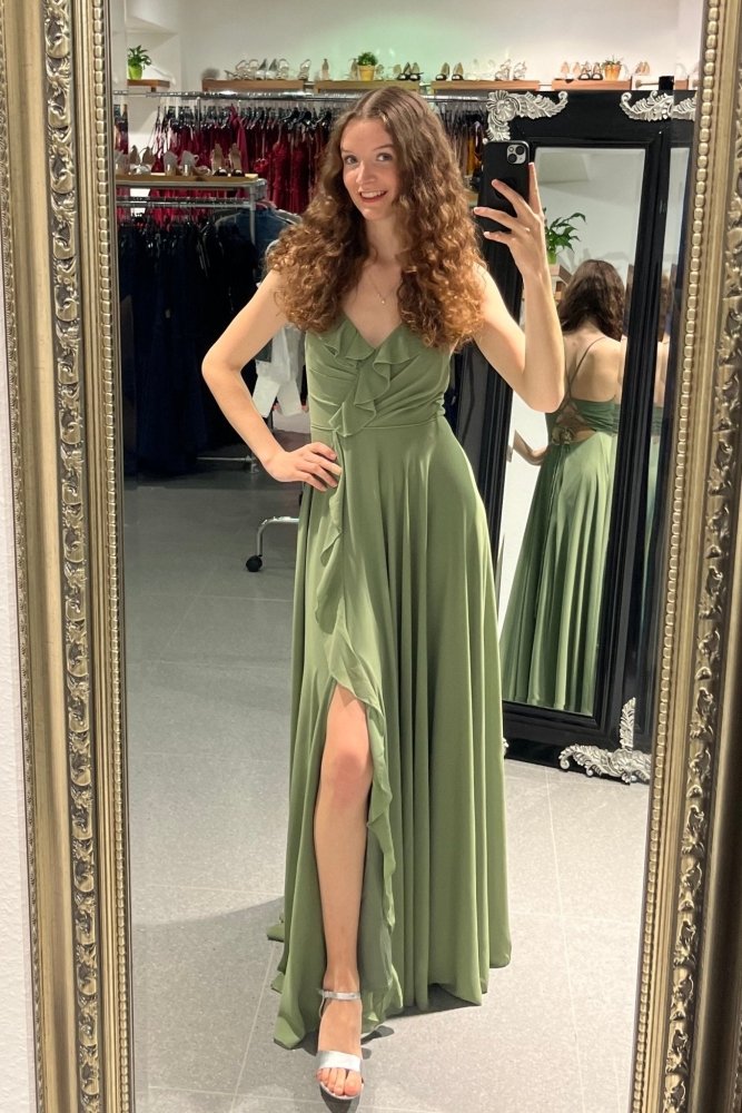 Festliches Volantkleid mit Schnürung und Schlitz, oliv - Dein Kleiderladen