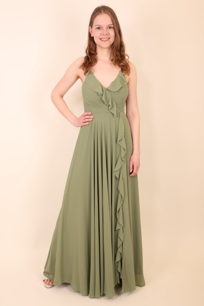 Festliches Volantkleid mit Schnürung und Schlitz, oliv - Dein Kleiderladen