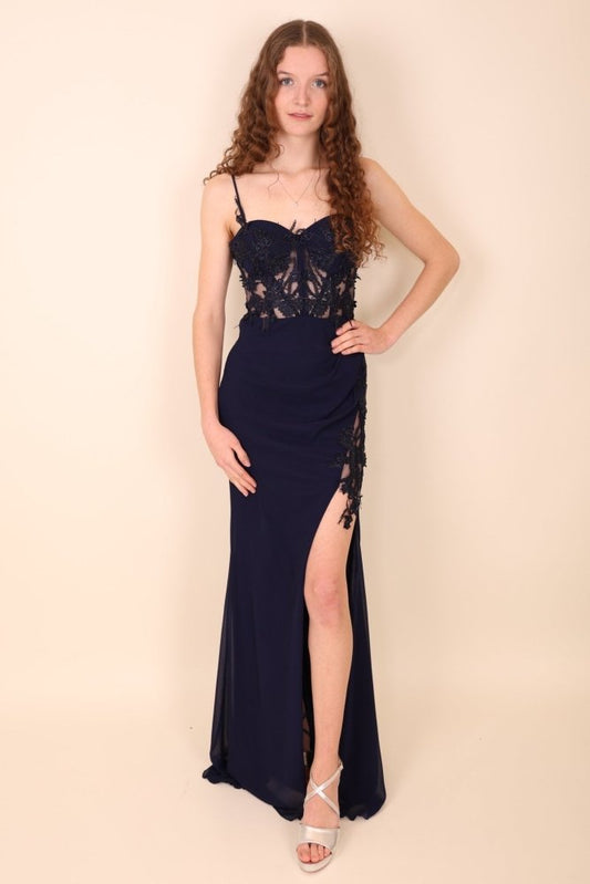 figurbetontes Abendkleid mit Korsett, dunkelblau - Dein Kleiderladen