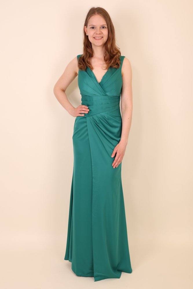 figurbetontes Satinkleid mit Raffungen, V - Ausschnitt und Schlitz, grün - Dein Kleiderladen