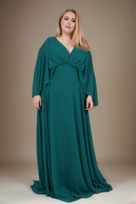 Große Größen Abendkleid mit langen Armen und Raffungen, dunkelgrün - Dein Kleiderladen
