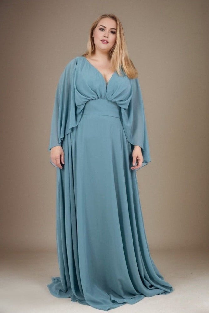 Große Größen Abendkleid mit langen Armen und Raffungen, ozeanwelle - Dein Kleiderladen