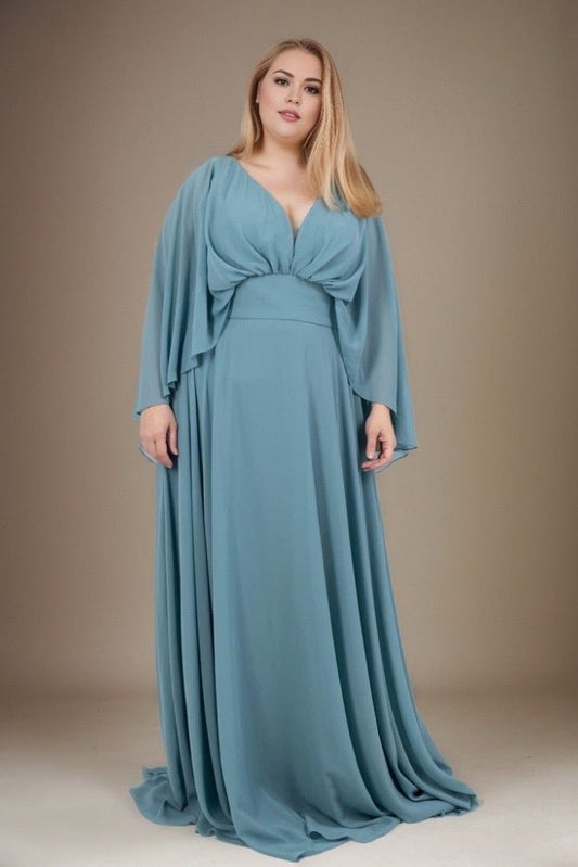 Große Größen Abendkleid mit langen Armen und Raffungen, ozeanwelle - Dein Kleiderladen