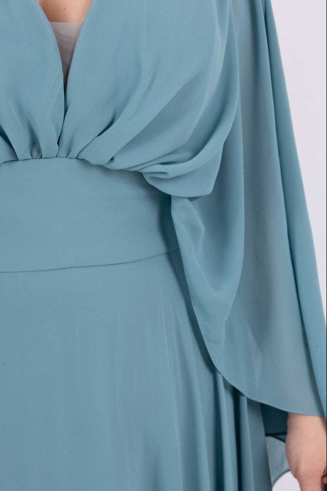 Große Größen Abendkleid mit langen Armen und Raffungen, ozeanwelle - Dein Kleiderladen