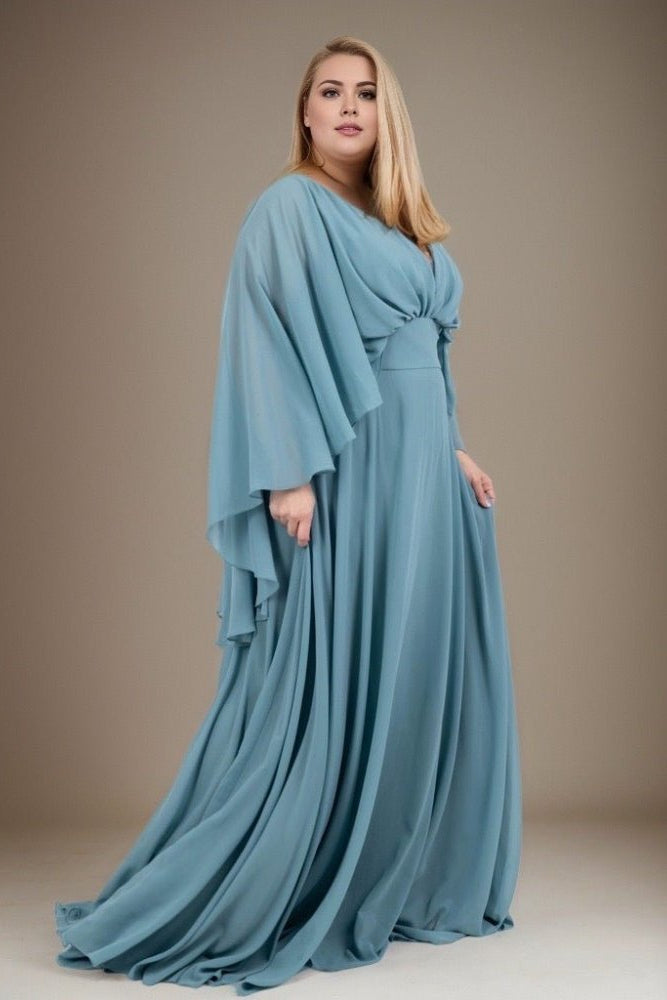 Große Größen Abendkleid mit langen Armen und Raffungen, ozeanwelle - Dein Kleiderladen