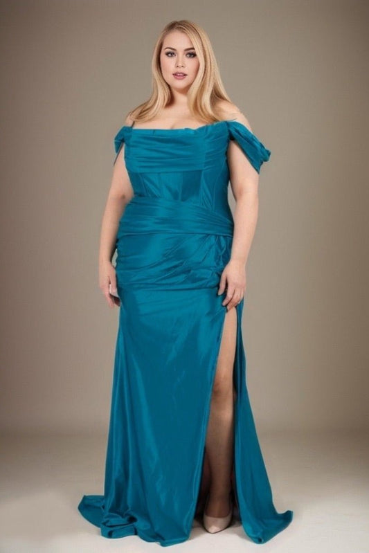 Große Größen Satinkleid mit Carmen - Ausschnitt, petrol - Dein Kleiderladen