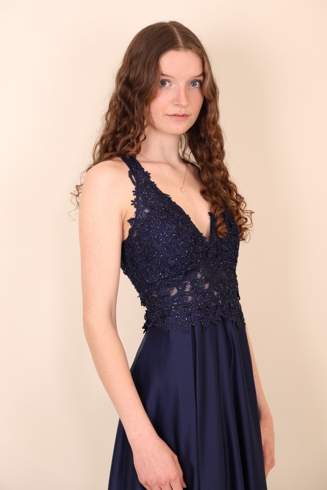 Große Größen Satinkleid mit Rundrückenausschnitt & Schlitz, dunkelblau - Dein Kleiderladen