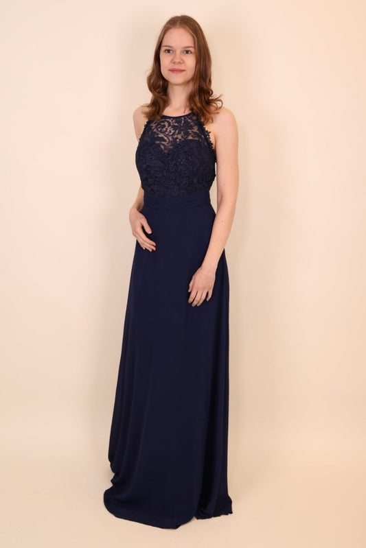 hochgeschlossenes Abendkleid mit Spitze, dunkelblau - Dein Kleiderladen
