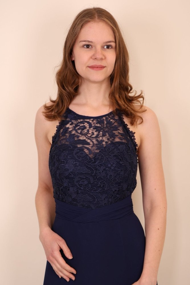 hochgeschlossenes Abendkleid mit Spitze, dunkelblau - Dein Kleiderladen