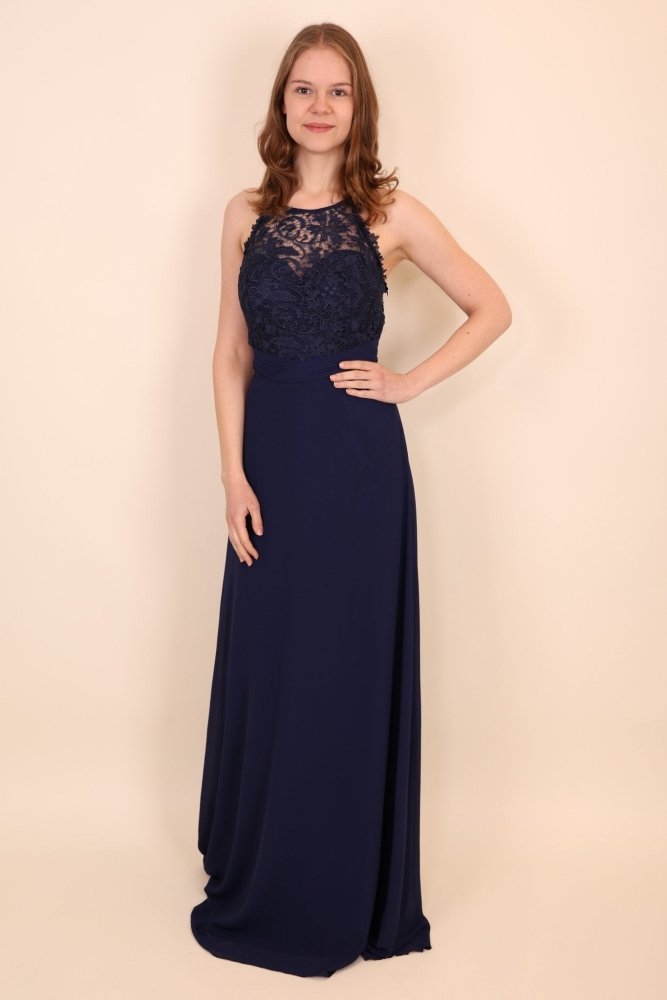hochgeschlossenes Abendkleid mit Spitze, dunkelblau - Dein Kleiderladen