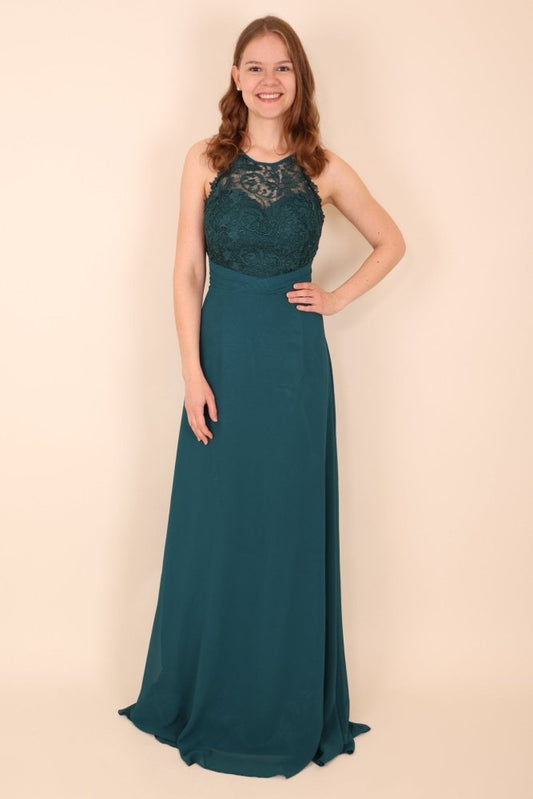 hochgeschlossenes Abendkleid mit Spitze, petrol - Dein Kleiderladen