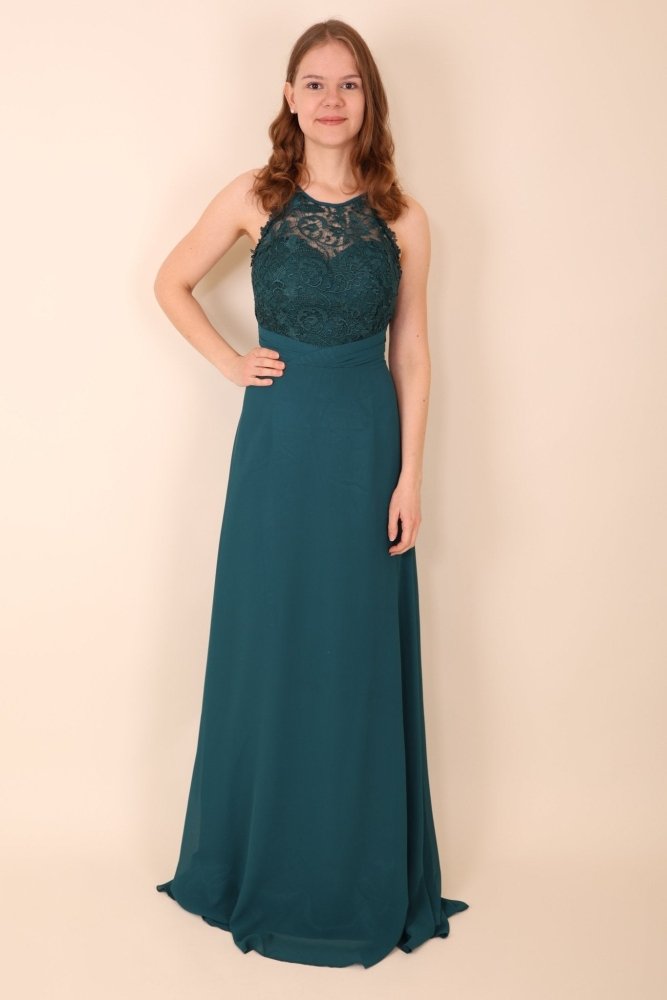 hochgeschlossenes Abendkleid mit Spitze, petrol - Dein Kleiderladen