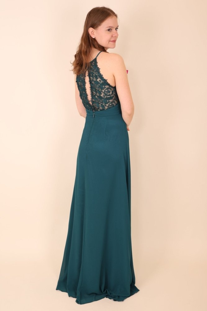 hochgeschlossenes Abendkleid mit Spitze, petrol - Dein Kleiderladen