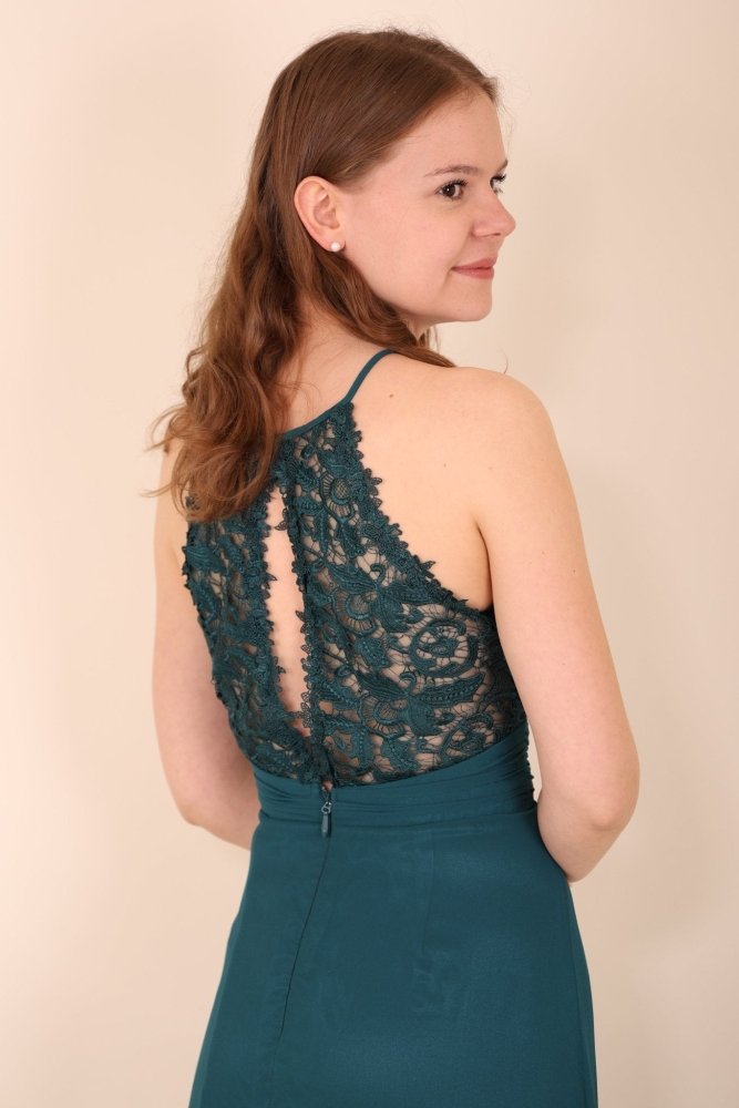 hochgeschlossenes Abendkleid mit Spitze, petrol - Dein Kleiderladen