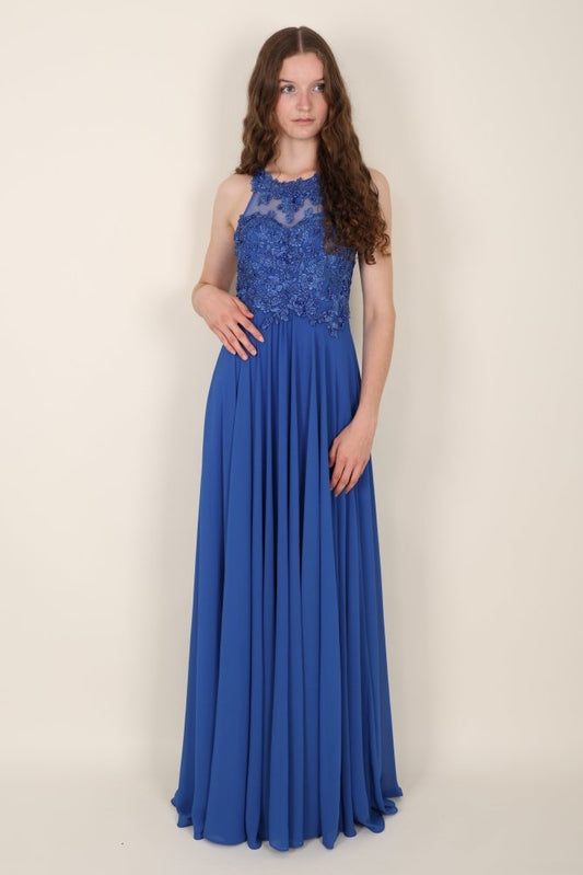 hochgeschlossenes Ballkleid mit Spitze, königsblau - Dein Kleiderladen