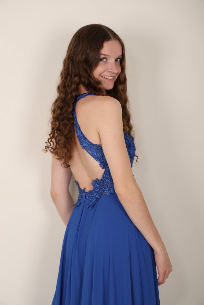 hochgeschlossenes Ballkleid mit Spitze, königsblau - Dein Kleiderladen