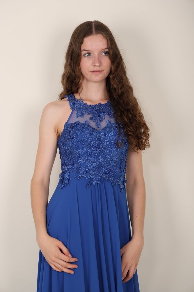 hochgeschlossenes Ballkleid mit Spitze, königsblau - Dein Kleiderladen