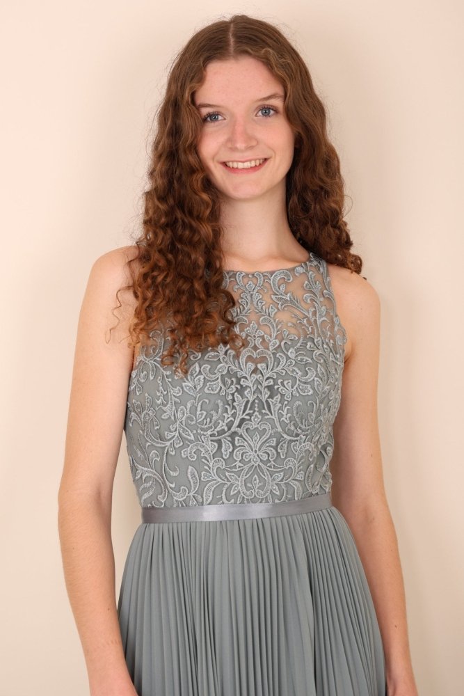 hochgeschlossenes Chiffon - Abendkleid mit Spitze & Plisseerock, grau - Dein Kleiderladen