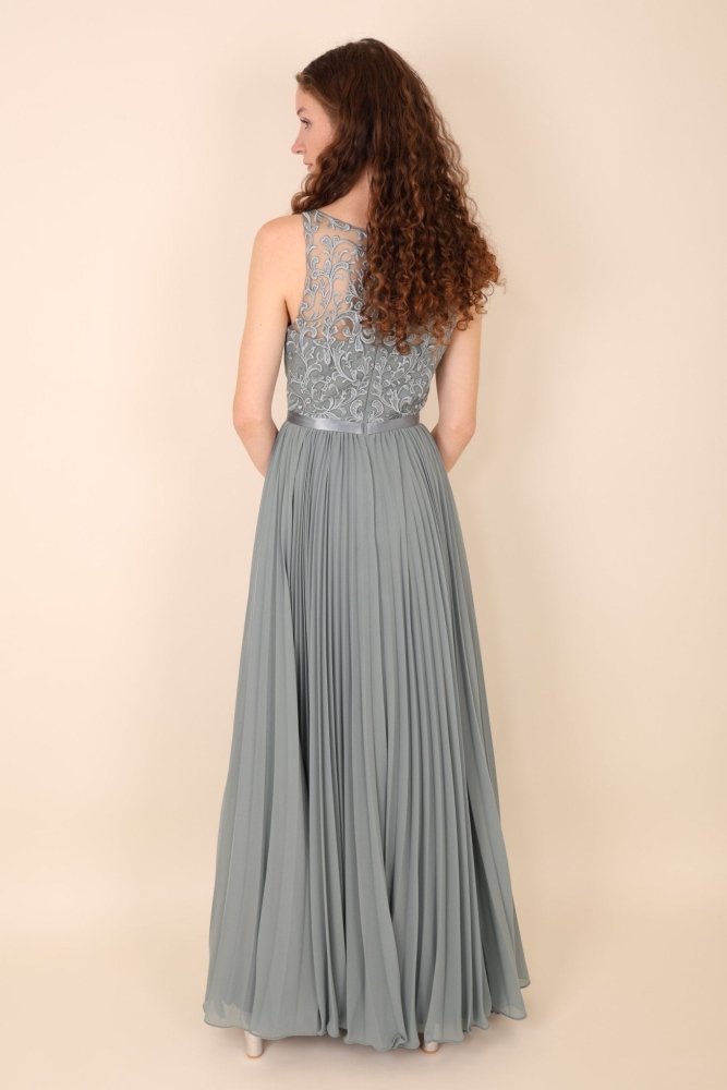 hochgeschlossenes Chiffon - Abendkleid mit Spitze & Plisseerock, grau - Dein Kleiderladen
