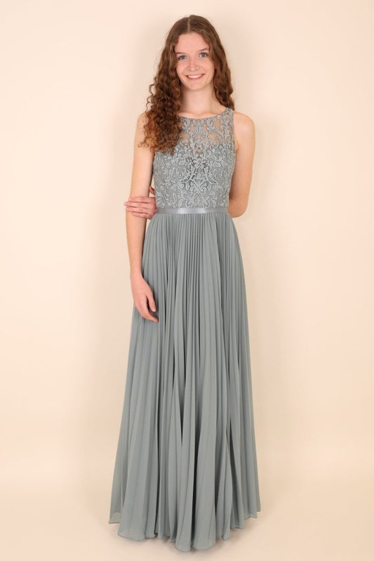hochgeschlossenes Chiffon - Abendkleid mit Spitze & Plisseerock, grau - Dein Kleiderladen