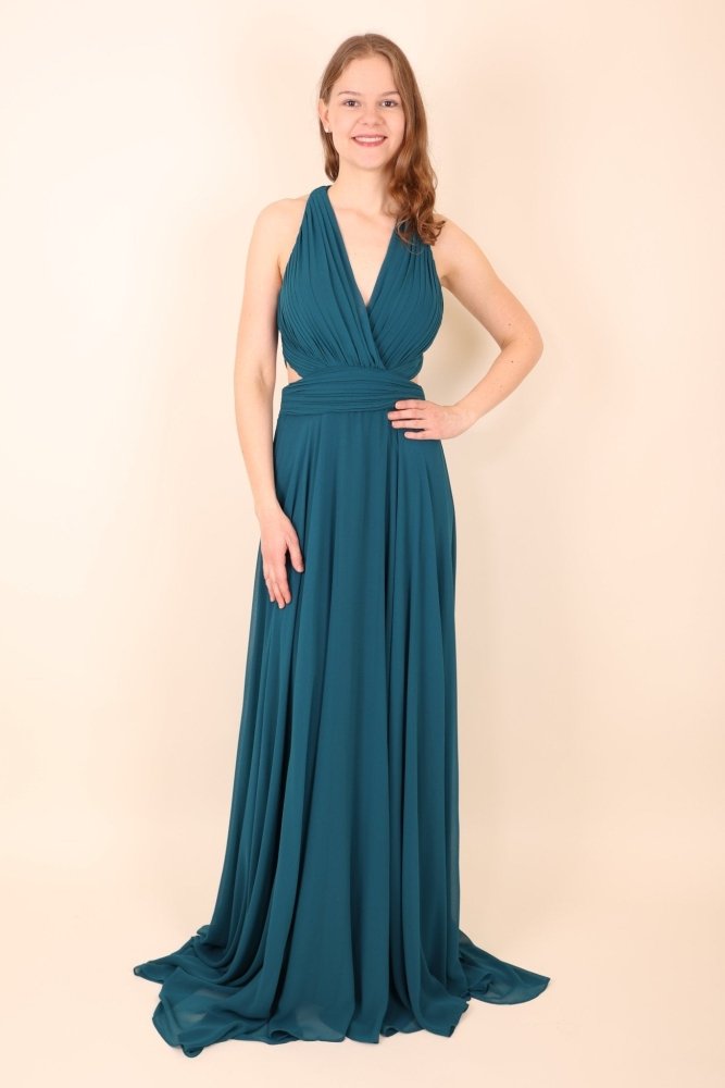 Langes Abendkleid mit Cut - Out am Bauch, petrol - Dein Kleiderladen