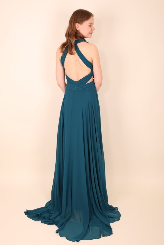 Langes Abendkleid mit Cut - Out am Bauch, petrol - Dein Kleiderladen