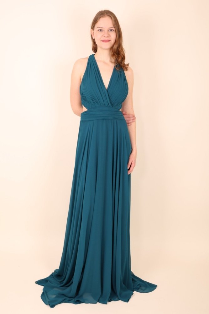 Langes Abendkleid mit Cut - Out am Bauch, petrol - Dein Kleiderladen