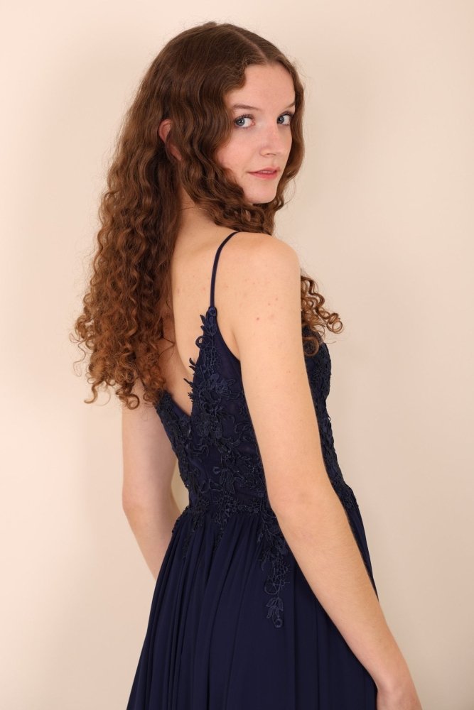 Ballkleid - Elegantes, langes Chiffonkleid mit feiner Spitze, dunkelblau - Dein Kleiderladen