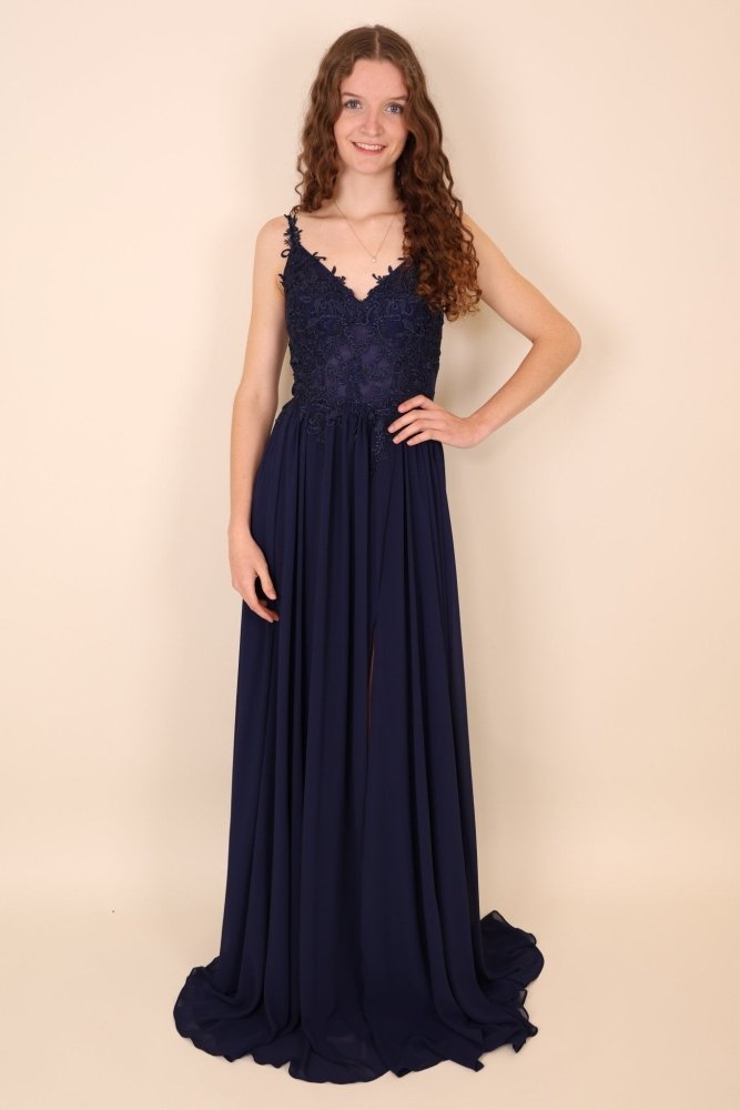 Ballkleid - Elegantes, langes Chiffonkleid mit feiner Spitze, dunkelblau - Dein Kleiderladen