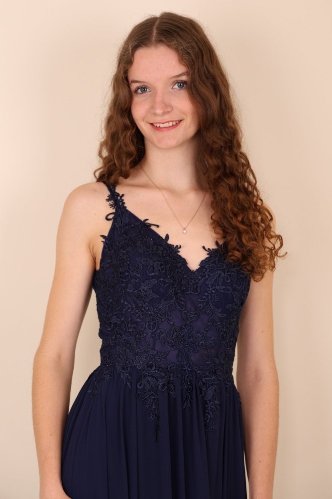 Ballkleid - Elegantes, langes Chiffonkleid mit feiner Spitze, dunkelblau - Dein Kleiderladen