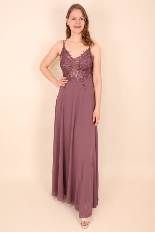 Langes Ballkleid mit Spitze und Spaghettiträgern, lila - Dein Kleiderladen