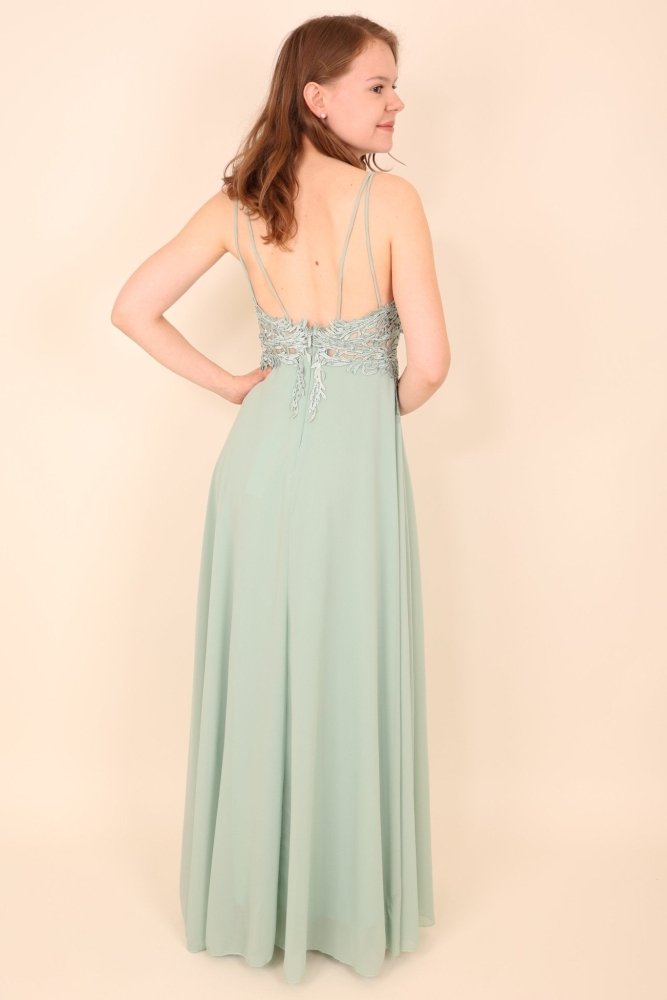 Langes Ballkleid mit Spitze und Spaghettiträgern, mint - Dein Kleiderladen